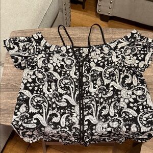 Express XS Black White Paisley Lace-Up Cold Shoulder Top